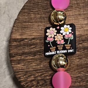 Pink and Gold Beaded Kindle Stap Or Phone Strap with Smut Floral Charm